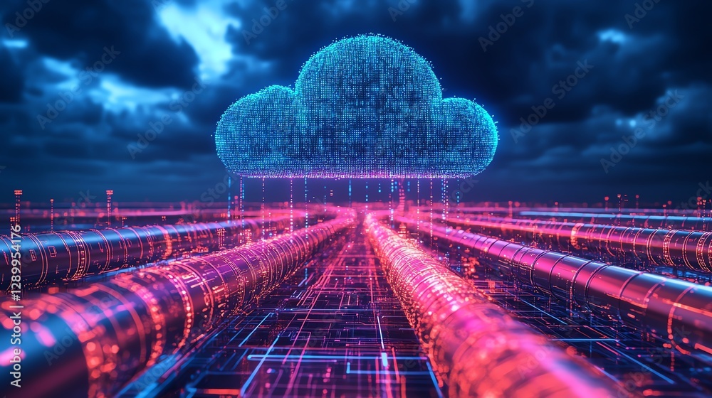 Poster Illustration of cloud computing connected to a pipe network