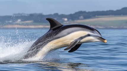 Fototapeta premium Playful Dolphin Jumping out of Clear Ocean Water in a Sunny Day