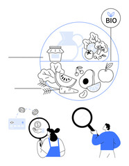 Researchers analyzing organic food using magnifying glasses. Top circle features vegetables, fruits, dairy, and meat. Ideal for food quality, inspection, organic products, health nutrition