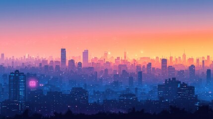 Obraz premium Vibrant Cityscape Panorama at Sunset Digital Art Illustration with Pink and Blue Hues.