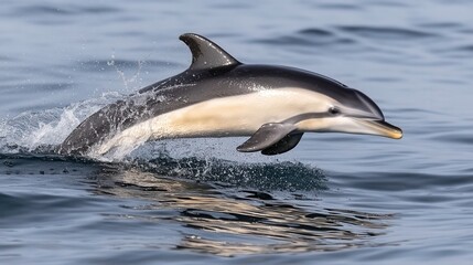 Fototapeta premium Dolphin Leaping Gracefully Above Calm Ocean Waters in Bright Sunlight