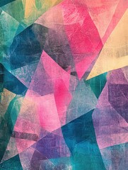 Textured Abstract Geometric Painting with Pink, Blue, and Yellow Triangles.