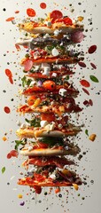 Colorful Vertical Stack of Delicious Ingredients Showcasing a Gourmet Pizza Creation with Fresh Vegetables, Meats, and Cheese in Artistic Presentation