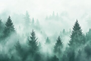 Fototapeta premium Misty Evergreen Forest Serene Coniferous Trees Silhouetted in Dense Fog.