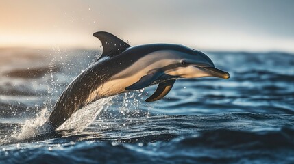 Obraz premium Joyful Dolphin Leaping Through Ocean Waves at Sunset