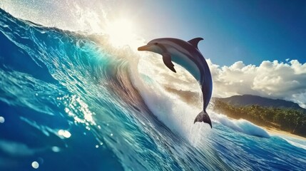 Fototapeta premium Dolphin Jumping Over Waves Under Bright Sunlight with Clouds