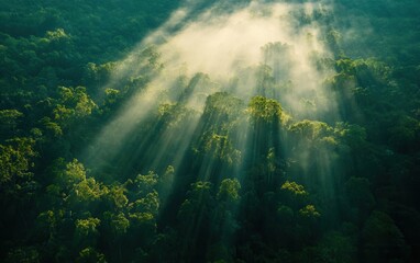 Obraz premium Majestic Sunbeams Piercing Through a Dense Misty Forest Canopy