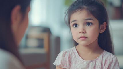 Sweet 8-year-old girl talking with her mother