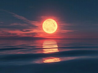 Obraz premium Stunning Full Moon Over Serene Ocean at Dusk with Starry Sky