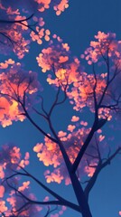 Close-up of tree with vibrant pink flowers against a blue gradient background