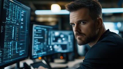 Focused Programmer: A Tech Professional's Intense Gaze Amidst Lines of Code