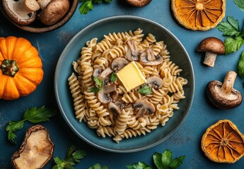 Fototapeta premium Creamy Pasta with Mushrooms and Butter Surrounded by Pumpkin, Dried Fruits, and Fresh Greens on a Blue Wooden Tabletop