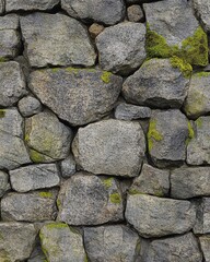 Fototapeta premium Weathered Stone Wall Texture with Moss, Natural Gray Rock Background.