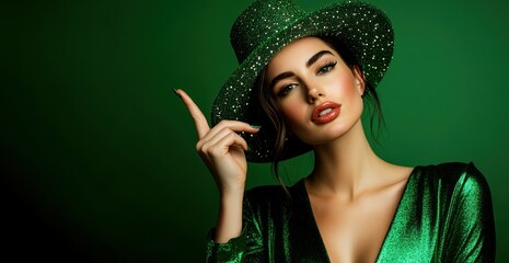 St. Patrick's Day Portrait of a woman posing gracefully, wearing a satin-finish green V-neck top and a sequined hat. Her hands are raised, one pointing to the left and the 