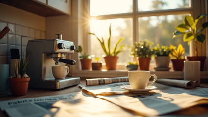 An early morning coffee-brewing ceremony, sunlight streaming through the kitchen Windows illuminating the ceramic cups and steaming coffeemakers, the smell of baked beans and the quiet comfort.