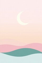 Obraz premium Minimalist Pastel Landscape with Crescent Moon - Dreamy Abstract Vector Illustration