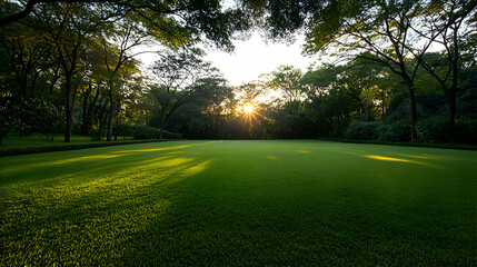 Obraz premium Sunset Over Lush Green Park Grass Field