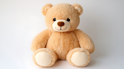 Obraz premium Beige teddy bear seated against white background
