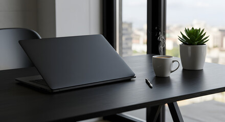 Fototapeta premium Laptop on Desk with Coffee, Plant and City View Background