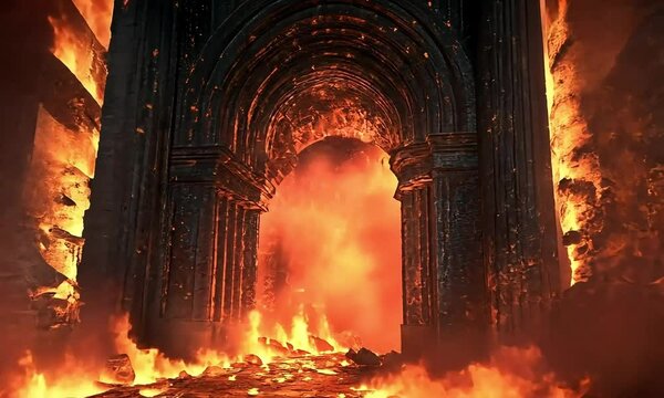 Gate of the Damned: A Fiery Vision of Ominous Dread &ndash; A striking illustration of raging flames and swirling smoke, capturing an eerie and foreboding atmosphere.