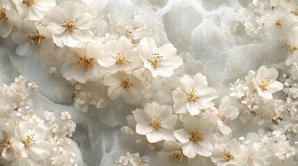 A delicate arrangement of white flowers on a soft, textured background.