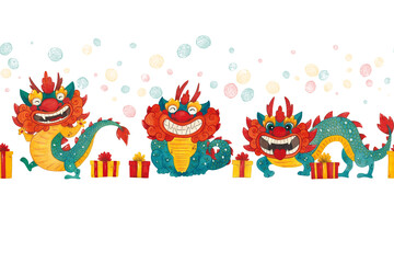 Seamless border with Chinese dragon, gift boxes and confetti on a white background. Watercolor illustration drawn by hand. Drawing for stickers, posters, postcards, printing on fabric. Chinese new yea