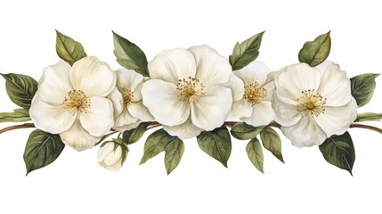 A delicate arrangement of white flowers with green leaves, ideal for decoration or design.