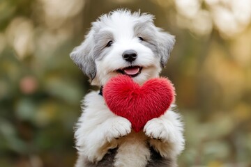 Old english sheepdog - my treasured dog, symbol of friendship. Cute old english sheepdog dog with fluffy red heart on a walk in a spring green space. Ad campaign animal idea. Love and pets.
