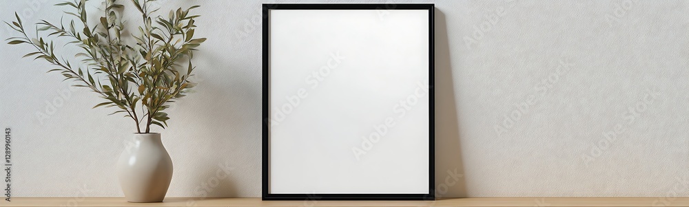 Aufkleber blank frame on a wooden table with a vase and greenery against a textured wall background.