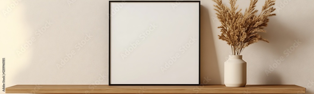 Poster blank frame on a wooden shelf with a vase of dried flowers, creating a minimalist aesthetic.