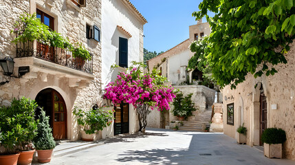 Naklejka premium Mediterranean Village Street Scene with Pink Bougainvillea