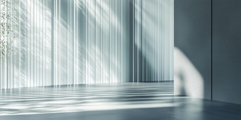 Modern architectural minimalism: Dramatic light and shadow play across a contemporary interior, creating a sense of calm and expansive space.