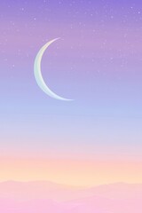 Dreamy Pastel Landscape with Crescent Moon and Starry Sky, Vector Illustration.