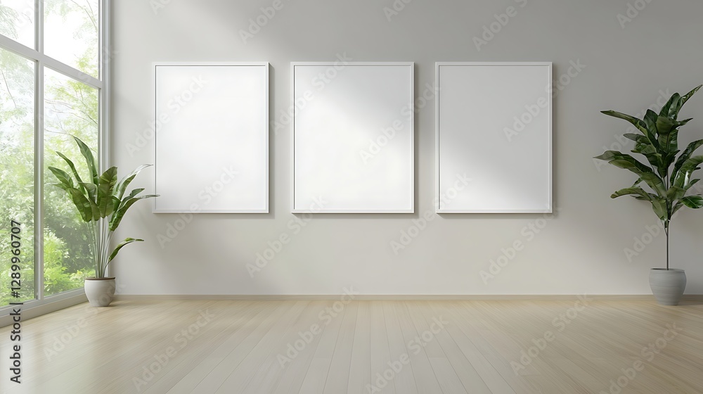 Poster minimalist interior with three empty frames and plants, creating a serene atmosphere.