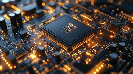 High-tech CPU on illuminated circuit board