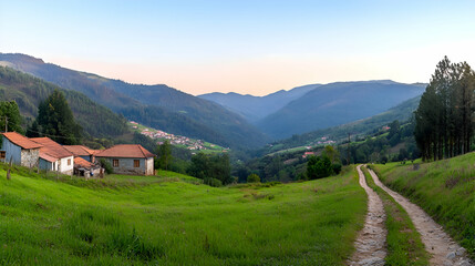 Obraz premium Serene Mountain Valley Landscape with Dirt Road and Houses