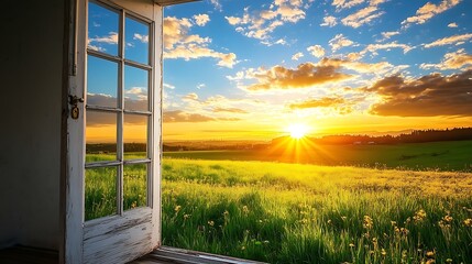 Sunset view from open door, field