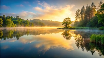 Fototapeta premium Soft light of morning casts a serene glow on the calm lake surface