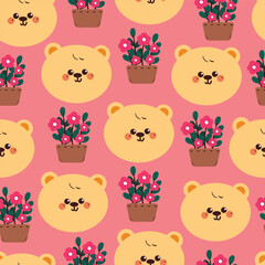 seamless pattern cute cartoon bear with flower pot. cute animal pattern for wallpaper, background and gift wrap paper