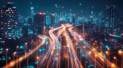 Futuristic City with Streams of Light Representing Knowledge and Progress