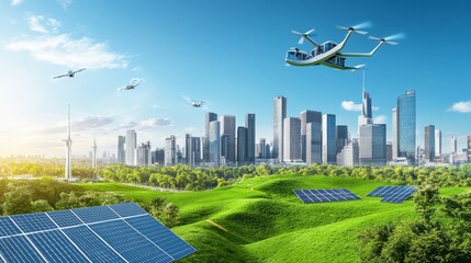 Electric air taxis flying above a futuristic city with advanced green tech. Featuring clean mobility and renewable energy