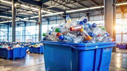 A blue recycling bin overflowing with plastic bottles and aluminum cans in a recycling facility , plastic bottles, environmental conservation