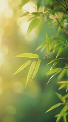 Obraz premium Serene Bamboo Leaves in Soft Sunlight, Fresh Green Growth and Bokeh Background
