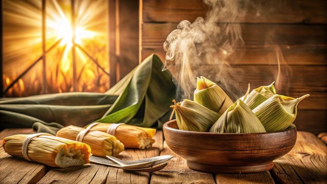 Steaming hot pamonha on a wooden table, surrounded by fresh corn and corn husks, with a warm light shining through the window , folk cuisine, brazilian food