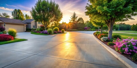 Fototapeta premium Smooth concrete driveway with trees and flowers in Des Moines during sunrise, driveway, trees, driveway, trees