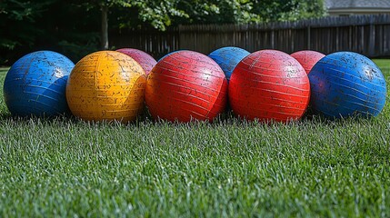 A collection of multi-colored gym balls arranged on grass