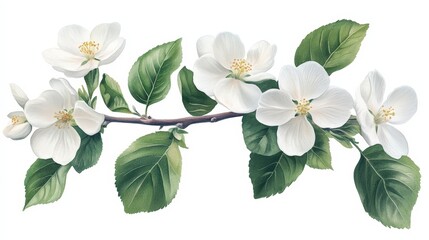 Fototapeta premium A delicate branch adorned with white flowers and green leaves, showcasing nature's beauty.