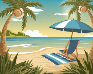 Fototapeta premium Beautiful seaside vacation scene with beach umbrella striped mat and coconut palms by the shoreline 