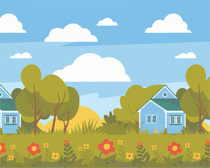 Countryside landscape with blue houses green trees and blooming flowers under a bright sky
