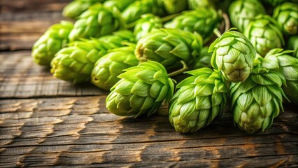 Close-up of fresh green hop cones on a wooden surface